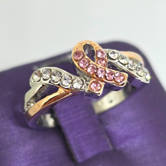 Pink Breast Cancer Awareness Ribbon Rose Gold Silver Rhodium Plated Ring SZ 7 - Picture 5 of 17